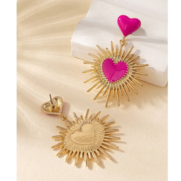 Gold Tone Hot Pink Heart Statement Earrings - Picture 3 of 4